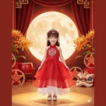 Khung cảnh ấm áp của Tết Trung Thu với cô bé mặc áo yếm rực rỡ và đèn lồng bắt mắt