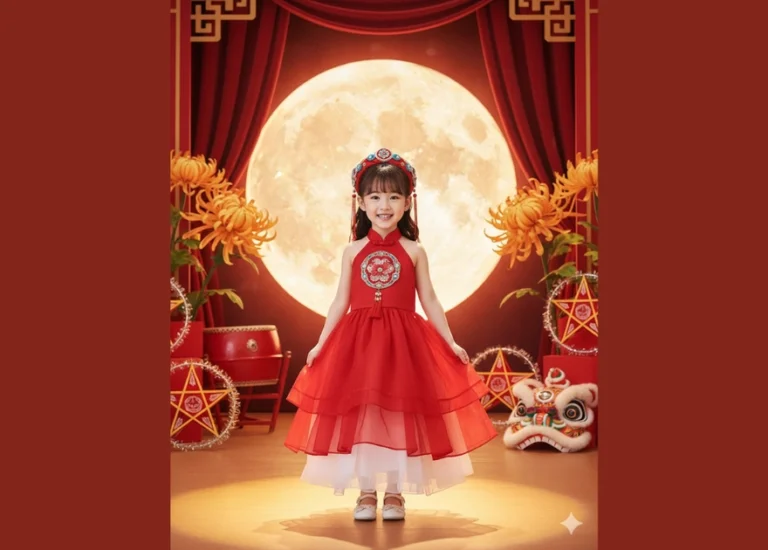 Khung cảnh ấm áp của Tết Trung Thu với cô bé mặc áo yếm rực rỡ và đèn lồng bắt mắt