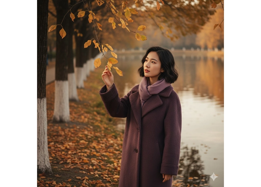 Sắc Thu Yên Bình Cùng Cô Gái Đẹp Bên Hồ Nước Tĩnh Lặng