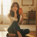 Chụp ảnh cô gái thanh lịch trước gương trong ánh hoàng hôn tuyệt đẹp