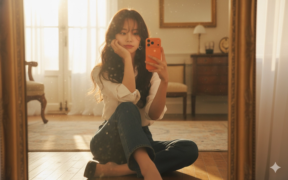 Chụp ảnh cô gái thanh lịch trước gương trong ánh hoàng hôn tuyệt đẹp