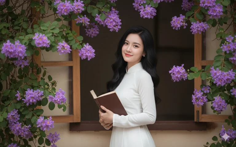 Nét đẹp truyền thống trong ánh nhìn hiện đại của cô gái Áo Dài giữa khung cửa hoa bằng lăng tím