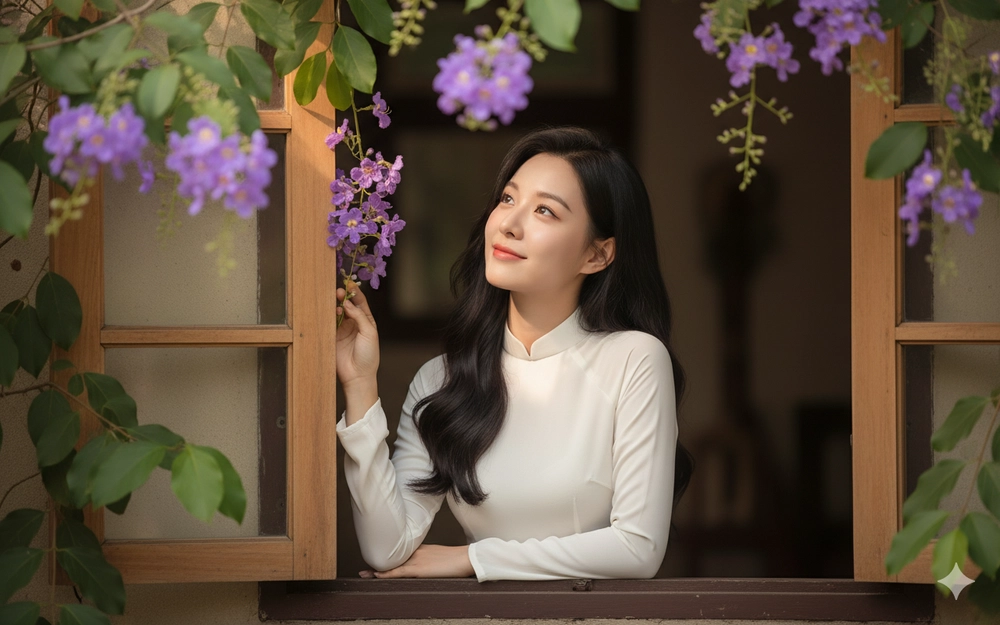 Nét đẹp rạng rỡ của cô gái trong Áo Dài giữa khung cửa gỗ và hoa bằng lăng tím
