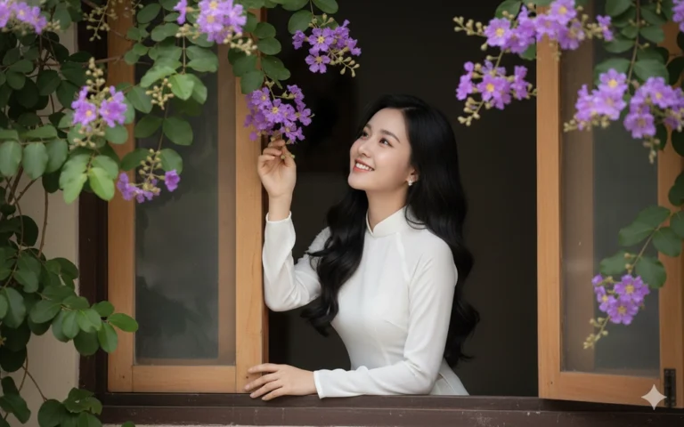 Chân dung duyên dáng của nàng Áo Dài giữa khung cảnh hoa bằng lăng rực rỡ
