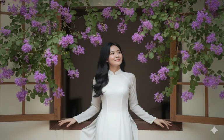 Nét đẹp Áo Dài trắng giữa khung cảnh hoa bằng lăng tím rực rỡ