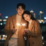 Khung cảnh lãng mạn đêm phố với cặp đôi và pháo bông rực rỡ giữa ánh đèn thành phố