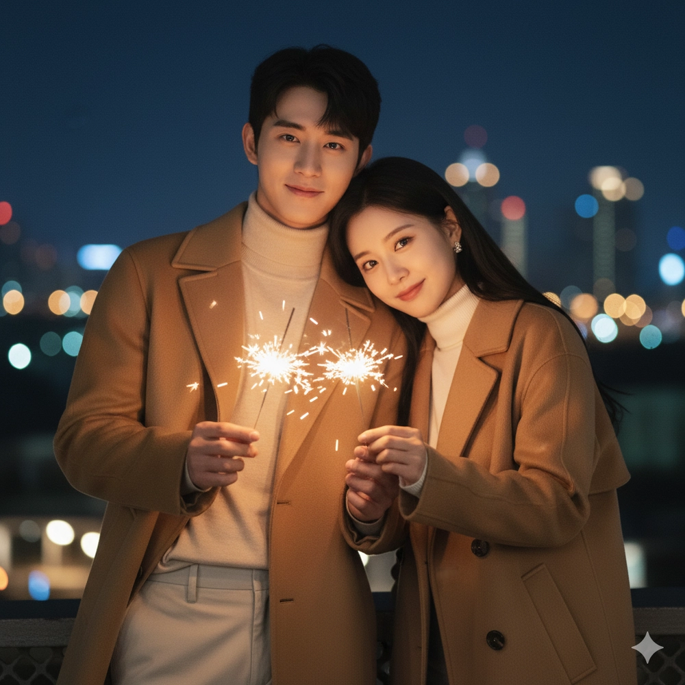 Khung cảnh lãng mạn đêm phố với cặp đôi và pháo bông rực rỡ giữa ánh đèn thành phố