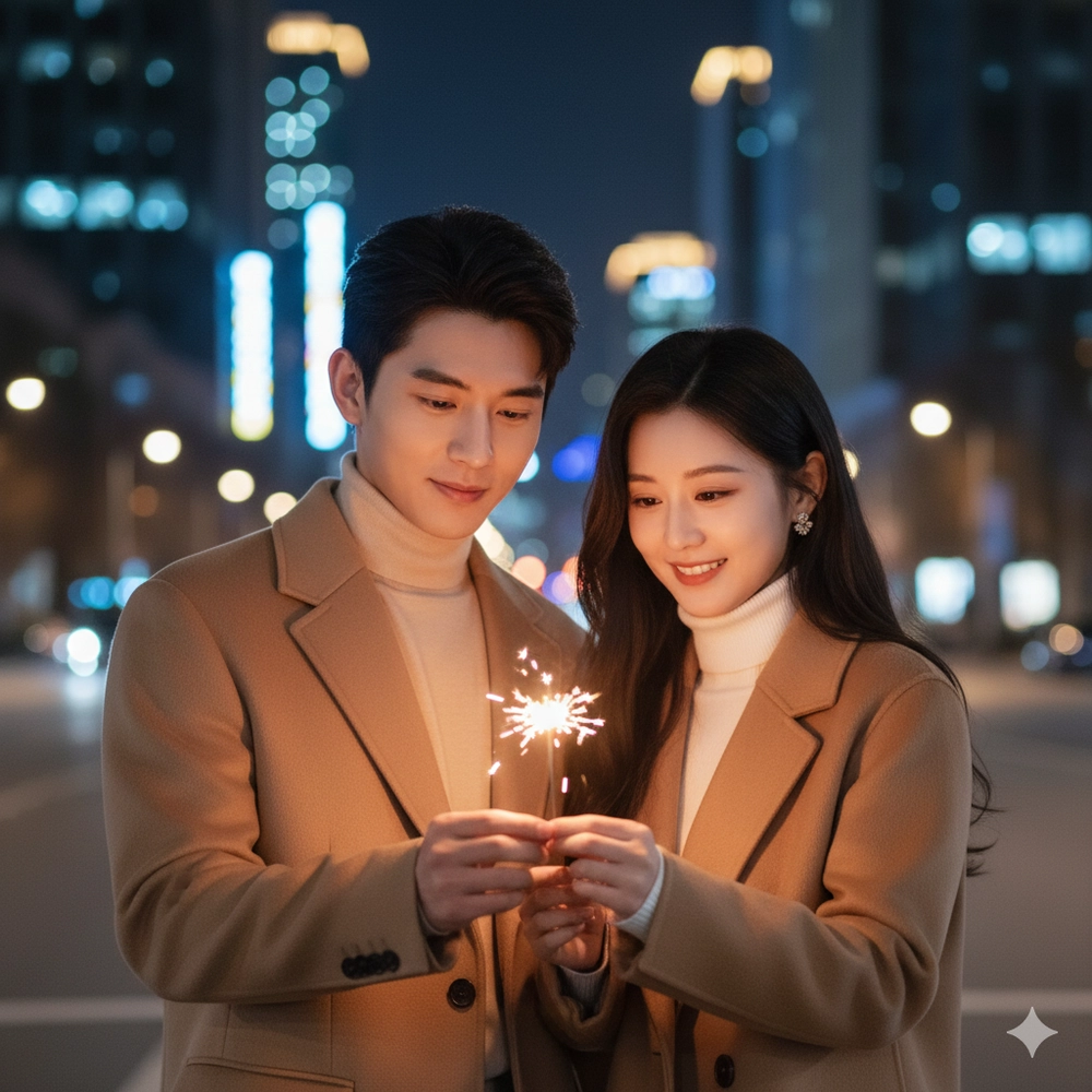 Cặp đôi lãng mạn dưới ánh pháo sáng trong đêm đông lung linh thành phố