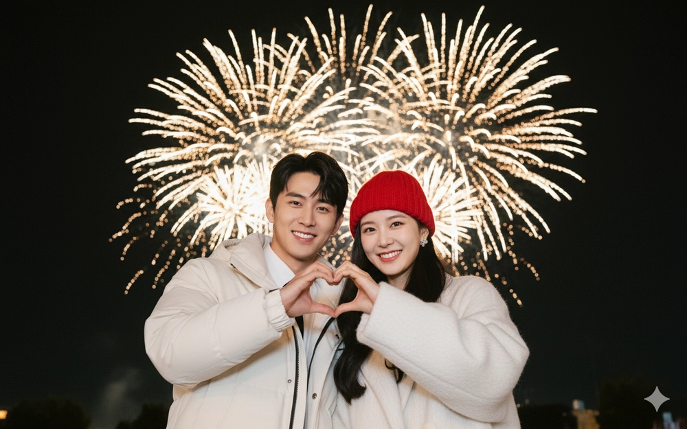 Bức ảnh cặp đôi rực rỡ giữa bầu trời pháo hoa đêm giao thừa ấm áp và hạnh phúc