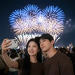 Chụp ảnh selfie đêm giao thừa rực rỡ giữa không gian lễ hội sống động