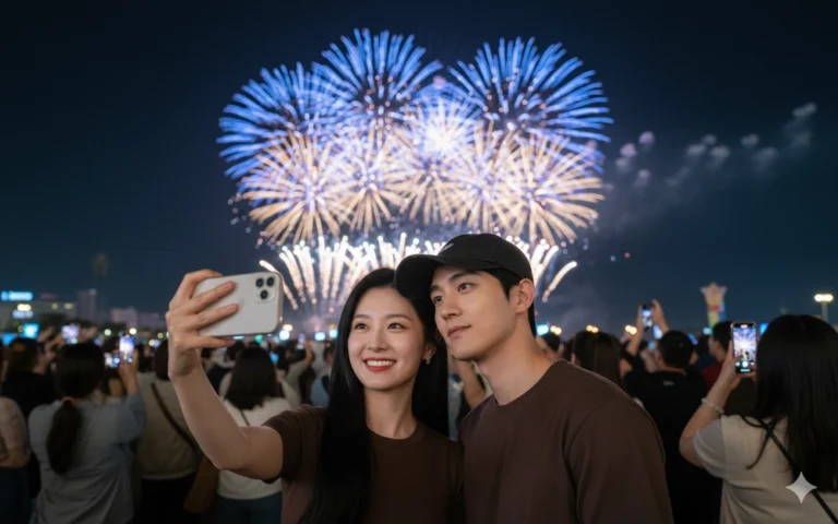 Chụp ảnh selfie đêm giao thừa rực rỡ giữa không gian lễ hội sống động