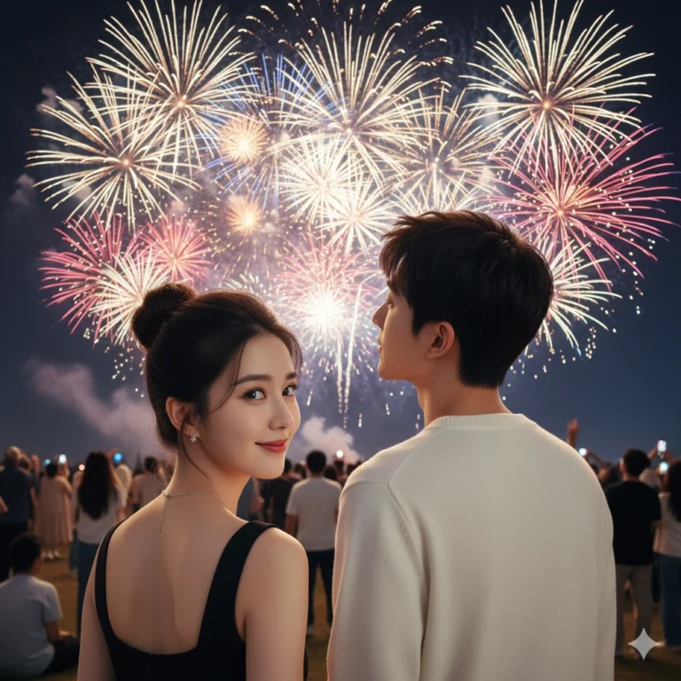 Tạo ảnh lãng mạn ngắm pháo hoa đêm giao thừa theo phong cách điện ảnh 8K