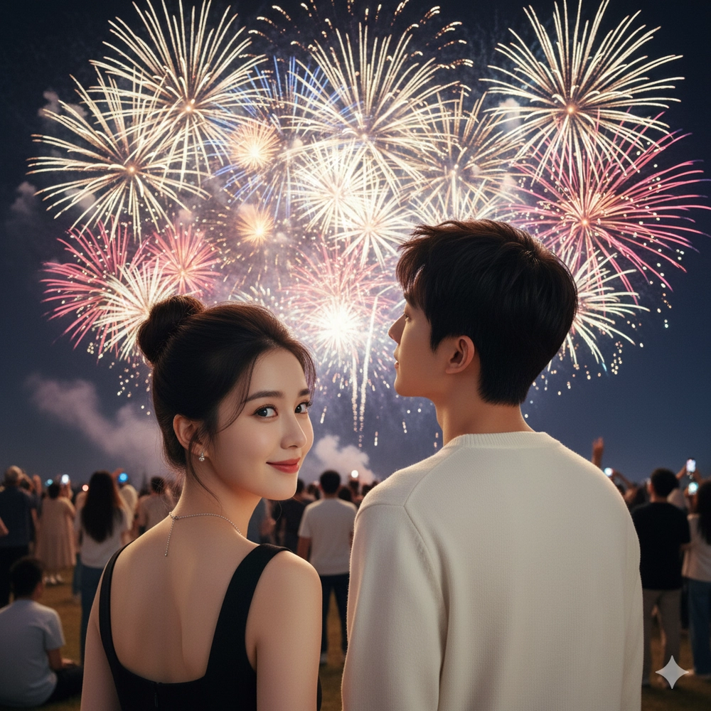 Tạo ảnh lãng mạn ngắm pháo hoa đêm giao thừa theo phong cách điện ảnh 8K