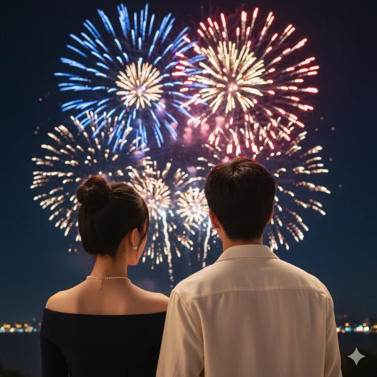 Khung cảnh lãng mạn ngắm pháo hoa năm mới của cặp đôi dưới ánh sáng tuyệt đẹp