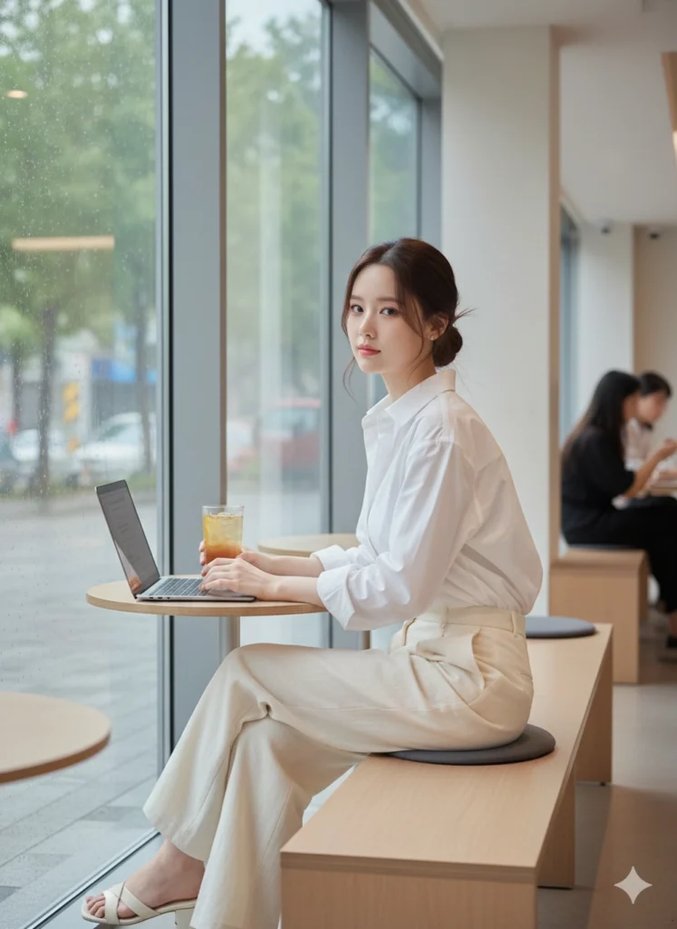 Tái hiện hình ảnh cô gái trong quán cà phê ngày mưa với trang phục và không gian hiện đại