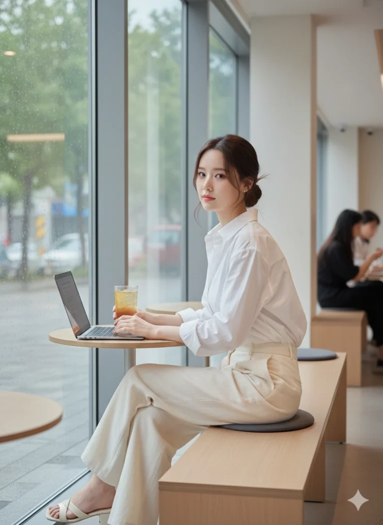 Tái hiện hình ảnh cô gái trong quán cà phê ngày mưa với trang phục và không gian hiện đại