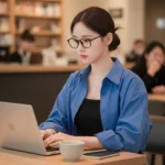 Tái hiện hình ảnh cô gái làm việc tại quán cà phê với laptop và phong cách hiện đại