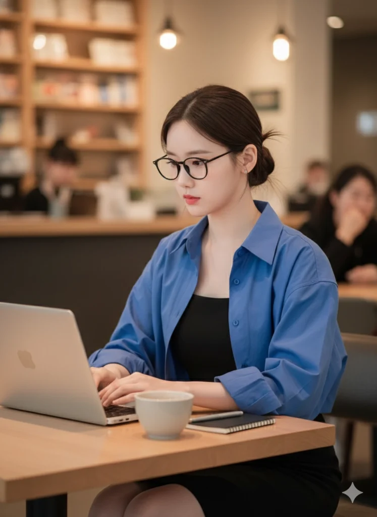 Tái hiện hình ảnh cô gái làm việc tại quán cà phê với laptop và phong cách hiện đại