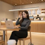 Tạo hình ảnh cô gái tự tin làm việc tại quán cà phê hiện đại