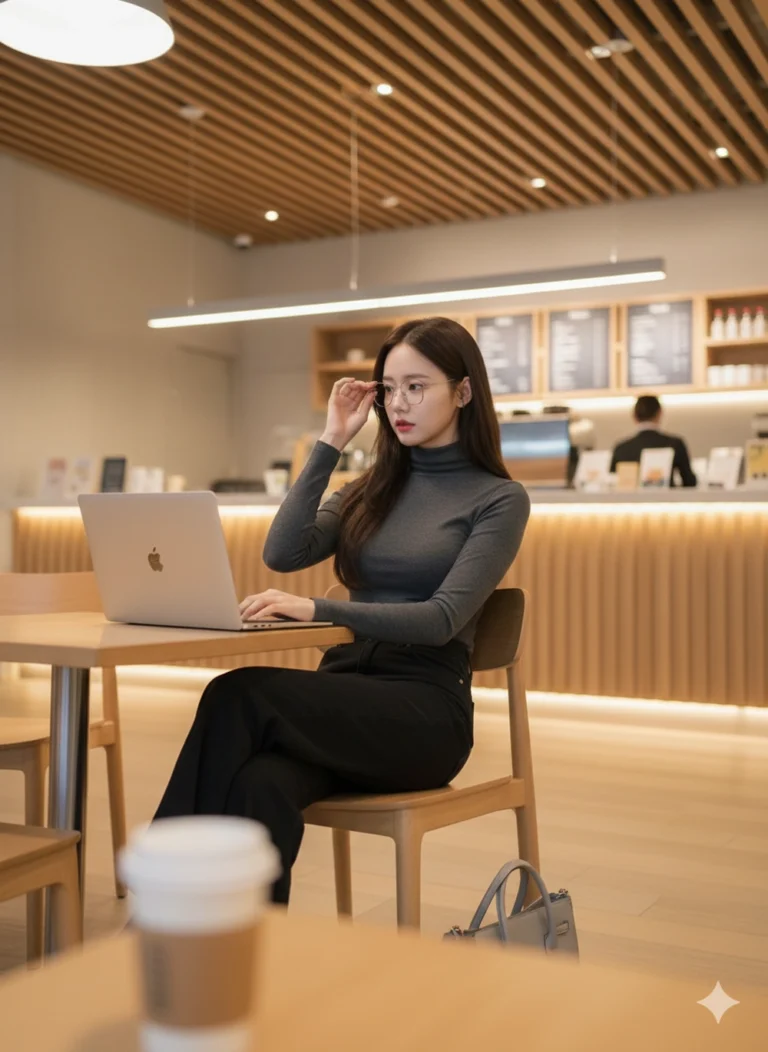 Tạo hình ảnh cô gái tự tin làm việc tại quán cà phê hiện đại