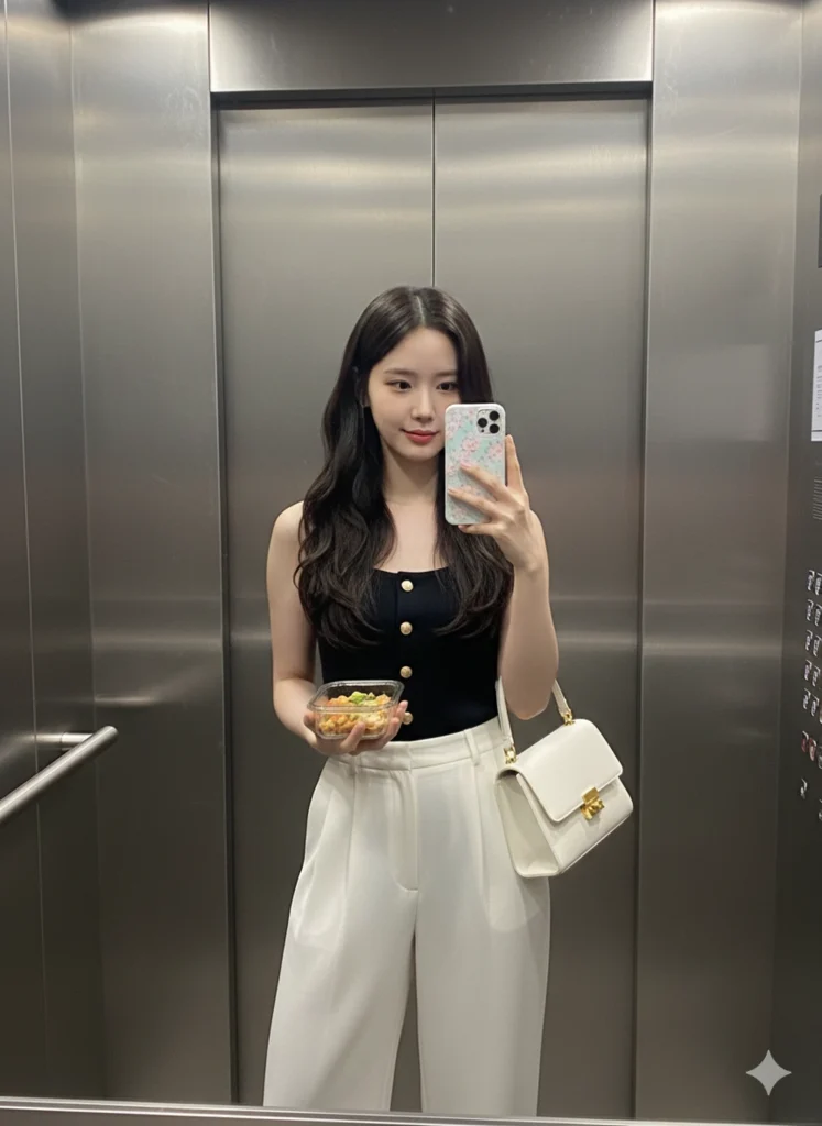 Tạo lại kiểu ảnh selfie trong thang máy với phong cách hiện đại và chi tiết hoàn hảo.