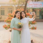Giáo viên và học sinh chụp selfie vui vẻ nhân Ngày Nhà Giáo 20/11 dưới cây phượng đỏ