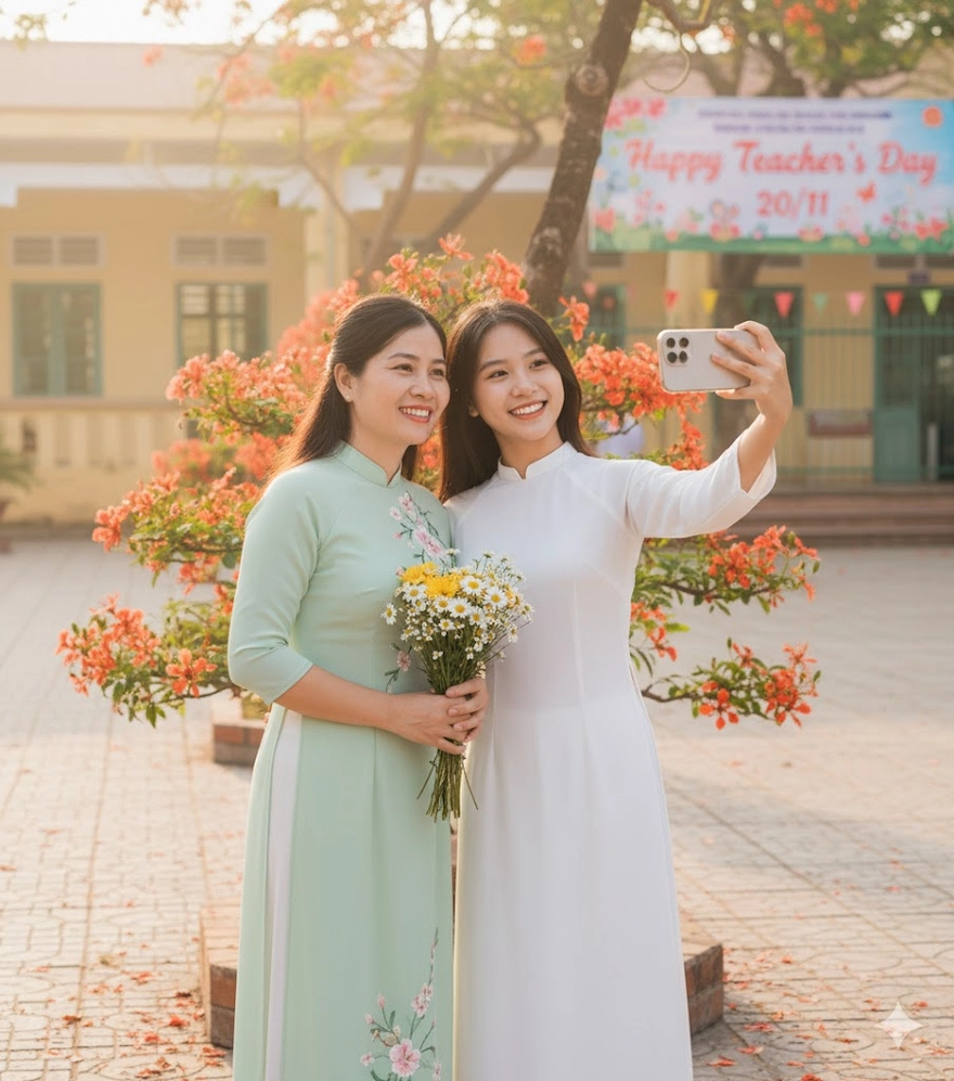 Giáo viên và học sinh chụp selfie vui vẻ nhân Ngày Nhà Giáo 20/11 dưới cây phượng đỏ