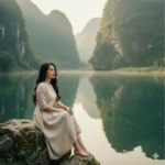 Cô gái Việt giữa thiên nhiên calm trong ánh sáng bình minh tại Ninh Bình