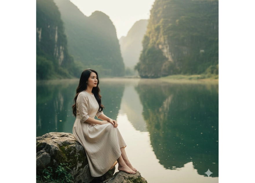 Cô gái Việt giữa thiên nhiên calm trong ánh sáng bình minh tại Ninh Bình