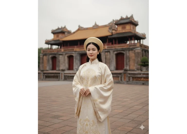Bức chân dung thanh lịch của cô gái Việt trước cổng Ngọ Môn trong thời tiết dịu dàng