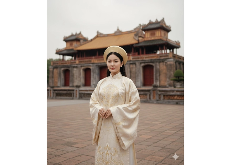 Bức chân dung thanh lịch của cô gái Việt trước cổng Ngọ Môn trong thời tiết dịu dàng