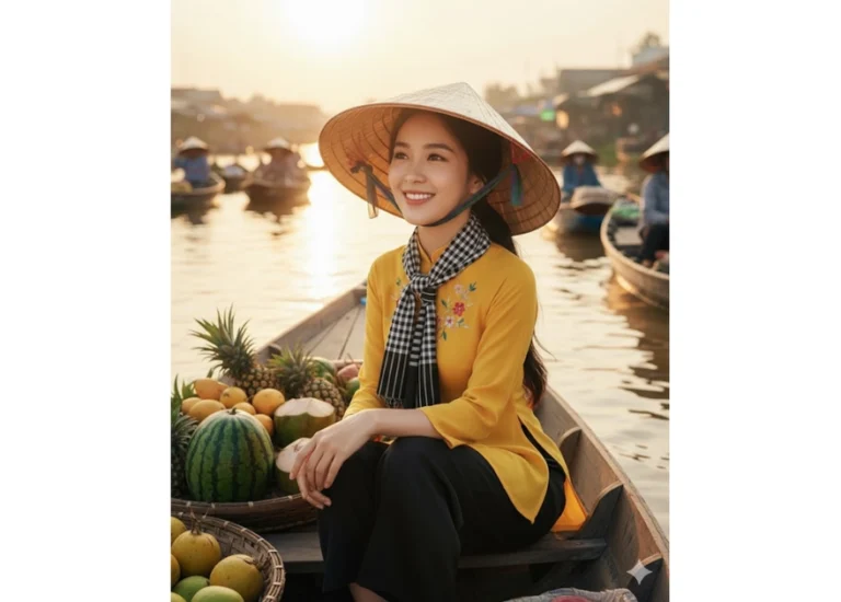 Ngắm nhìn vẻ đẹp của cô gái Việt giữa chợ nổi Cái Răng vào bình minh rực rỡ