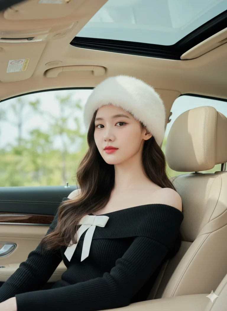 Chân dung thanh lịch của cô gái xinh đẹp trong xe sang với ánh sáng tự nhiên tuyệt đẹp