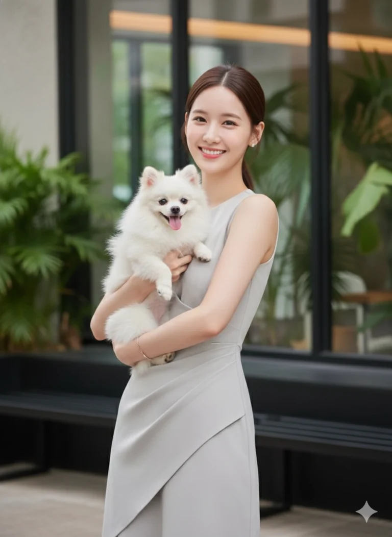 Chân dung thanh lịch của cô gái trẻ và chú chó Pomeranian ngoài quán cà phê hiện đại