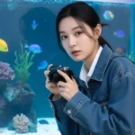 Cô gái trẻ bên bể cá rực rỡ với máy ảnh và phong cách thời trang hiện đại