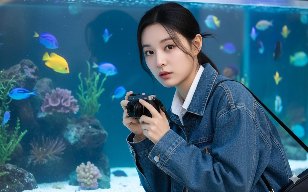 Cô gái trẻ bên bể cá rực rỡ với máy ảnh và phong cách thời trang hiện đại