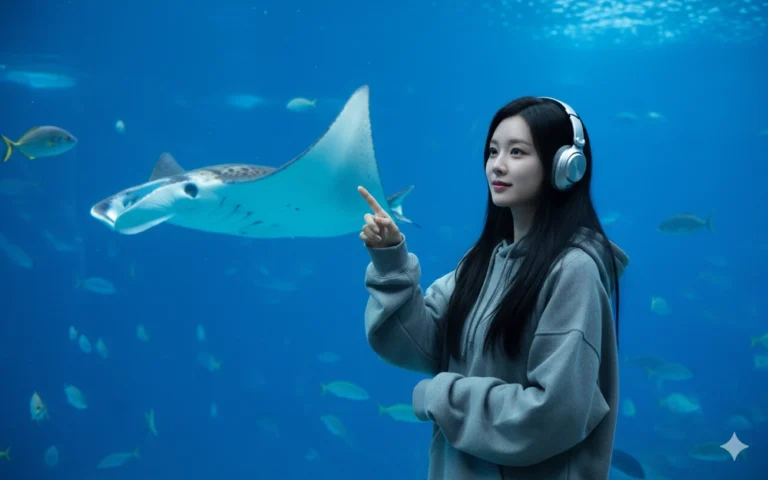 Bức ảnh đáng yêu với cô gái trong bể cá và manta ray bơi lội phía sau