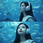 Hai khung hình một cô gái trong không gian yên bình của đại dương xanh