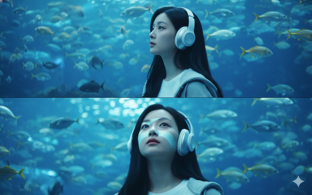 Hai khung hình một cô gái trong không gian yên bình của đại dương xanh