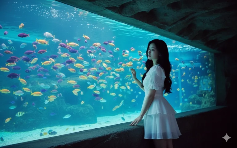 Cô gái trong bể cá nhiệt đới giữa không gian yên bình và sắc màu rực rỡ