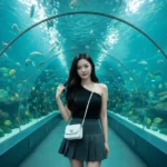 Cô gái trẻ giữa không gian dưới nước hiện đại và cá biển rực rỡ