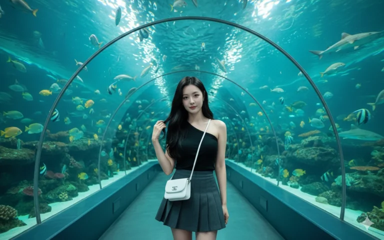 Cô gái trẻ giữa không gian dưới nước hiện đại và cá biển rực rỡ