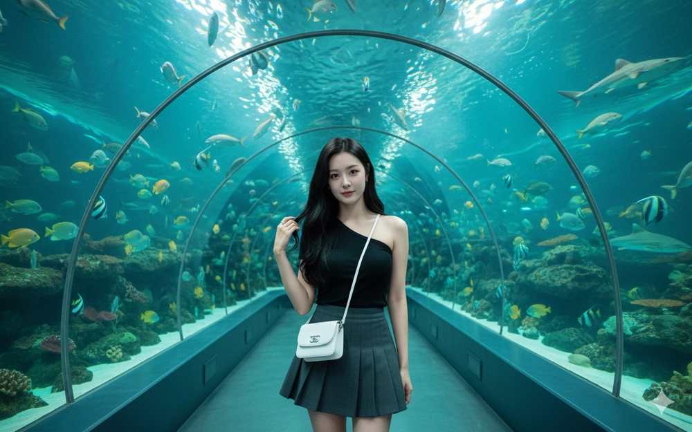 Cô gái trẻ giữa không gian dưới nước hiện đại và cá biển rực rỡ