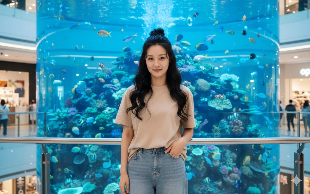 Chụp ảnh cực chất với style dạo chơi bên bể cá khổng lồ tại shopping mall