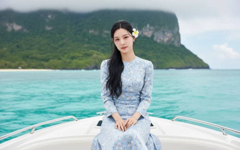 Hình ảnh chân dung sống động của cô gái trên thuyền giữa biển xanh và núi xanh