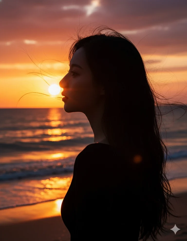 Ảnh chân dung đẹp của cô gái bên bãi biển lúc hoàng hôn 8K chất lượng cao