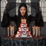 Chân dung Gothic tuyệt đẹp bên bàn tiệc sinh nhật lung linh nến vàng