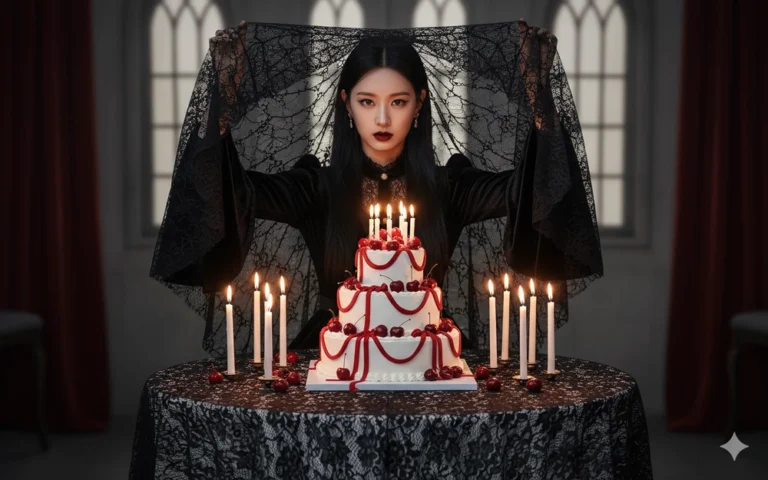 Chân dung Gothic tuyệt đẹp bên bàn tiệc sinh nhật lung linh nến vàng