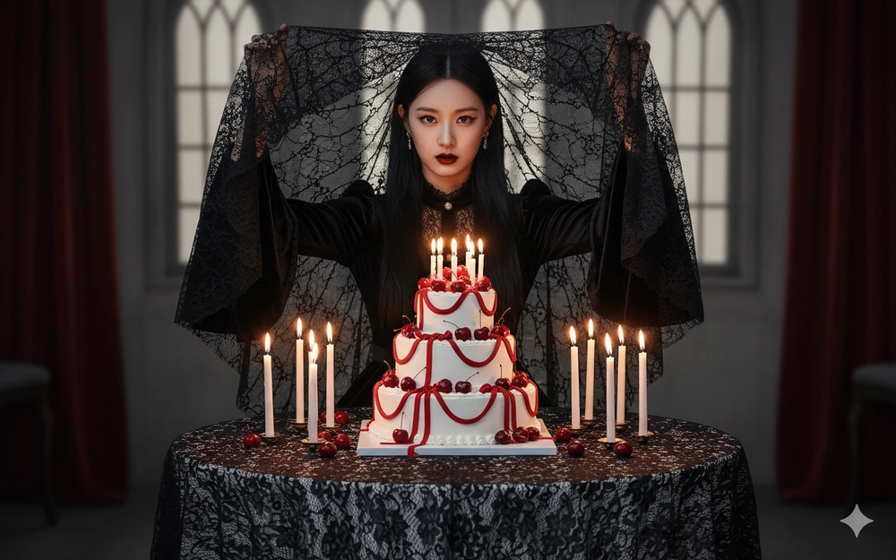 Chân dung Gothic tuyệt đẹp bên bàn tiệc sinh nhật lung linh nến vàng