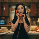 Ảnh retro Y2K ở bếp 70s với Halloween và điện thoại 90s cực chất